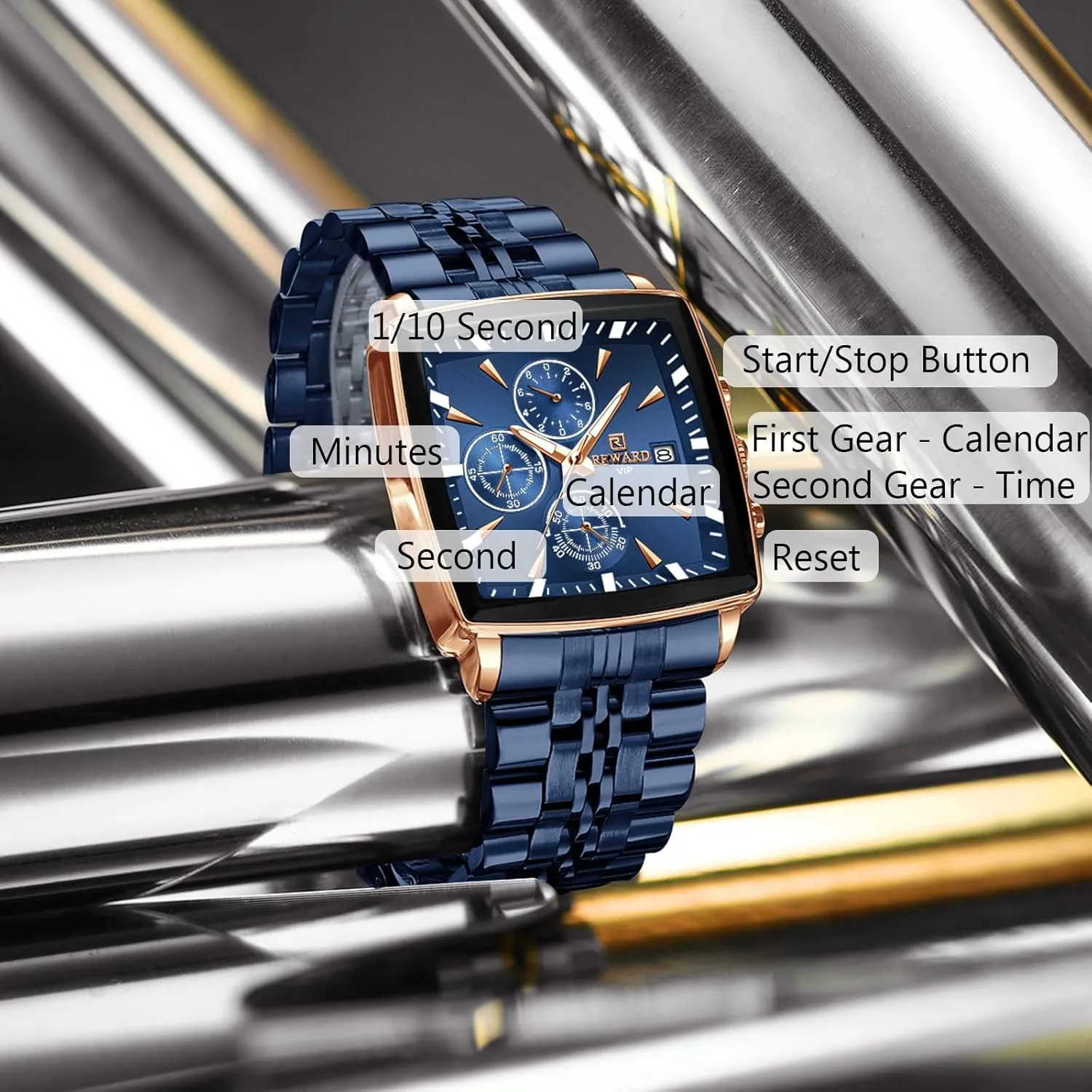 RORIOS Men's Square Watch Analogue Quartz Wristwatch Multifunctional Business Simple Luminous Watches for Men with Stainless Steel Strap