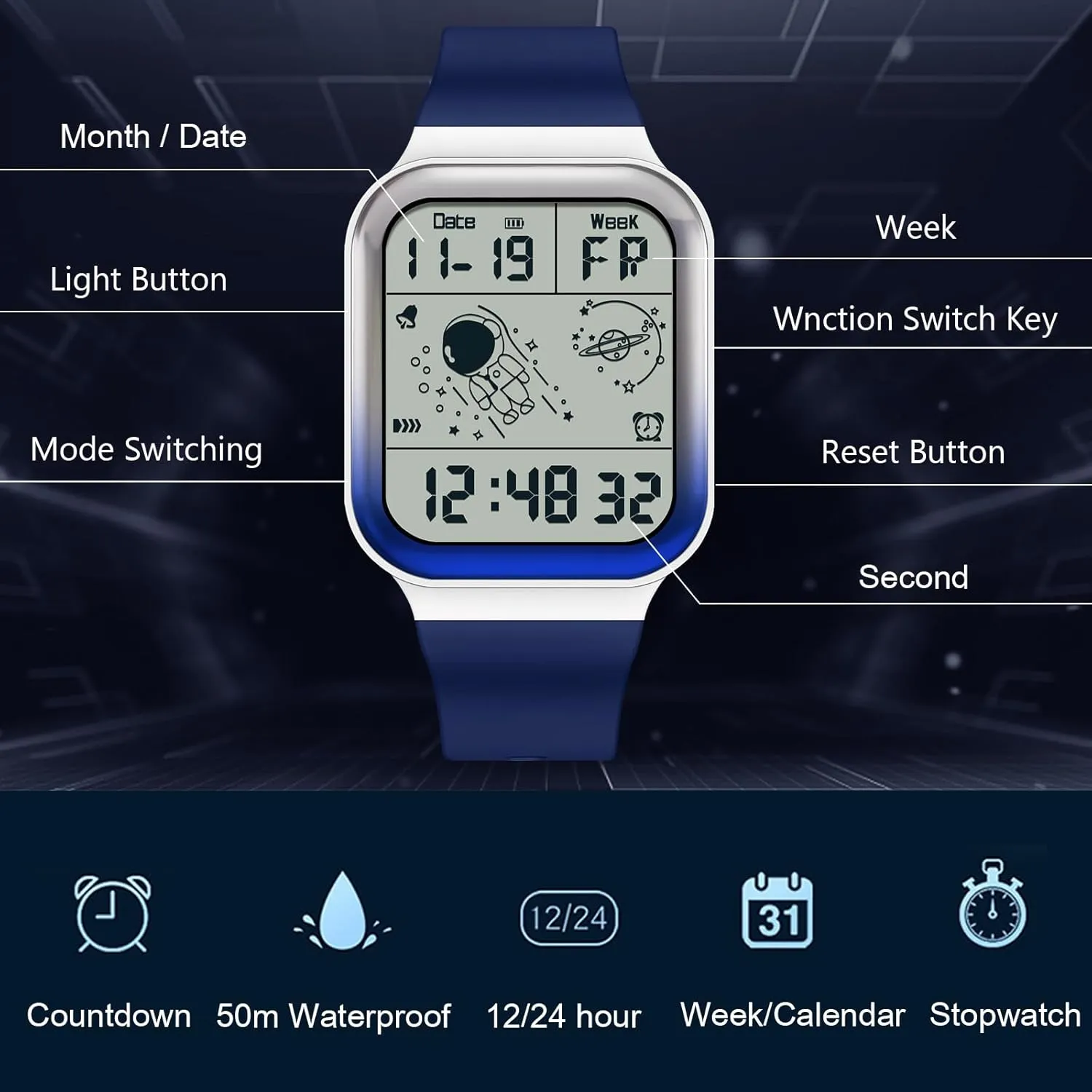 RORIOS Men's Watch Square Electronic Wristwatch Multifunctional Digital 50M Waterproof Watches Utral Large HD Display for Rubber Strap