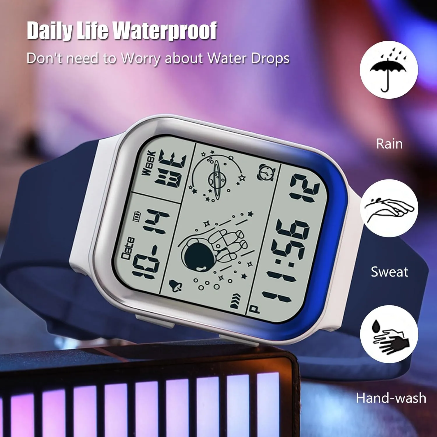 RORIOS Men's Watch Square Electronic Wristwatch Multifunctional Digital 50M Waterproof Watches Utral Large HD Display for Rubber Strap