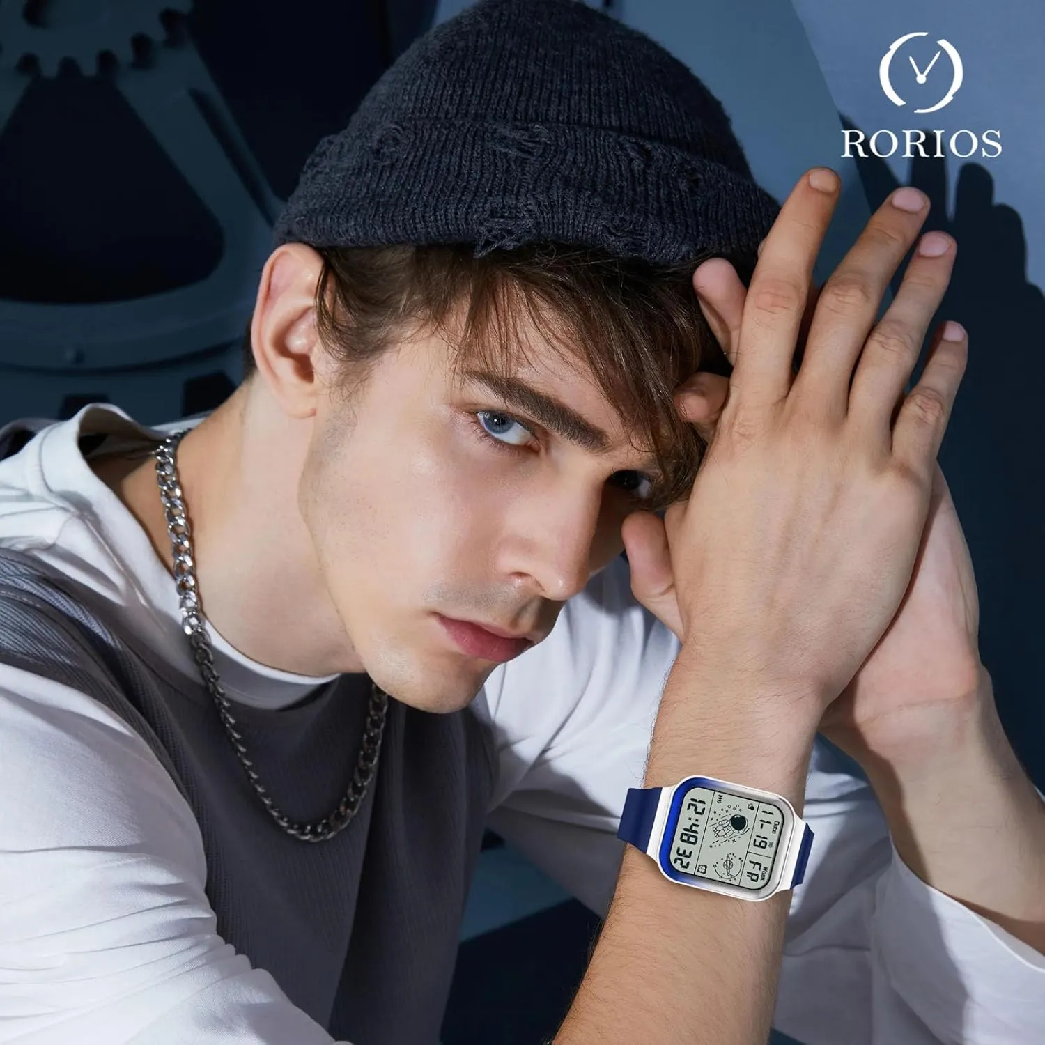 RORIOS Men's Watch Square Electronic Wristwatch Multifunctional Digital 50M Waterproof Watches Utral Large HD Display for Rubber Strap