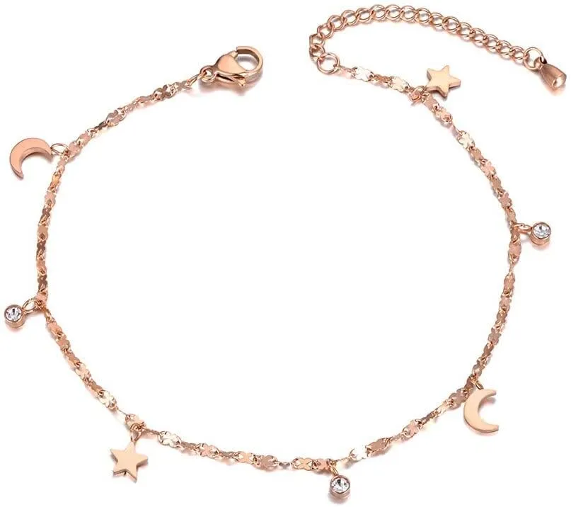 Rose Gold Color Anklet for Women Star Moon CZ Stone Charm Stainless Steel Holiday Jewelry Adjustable Length (A19021R)