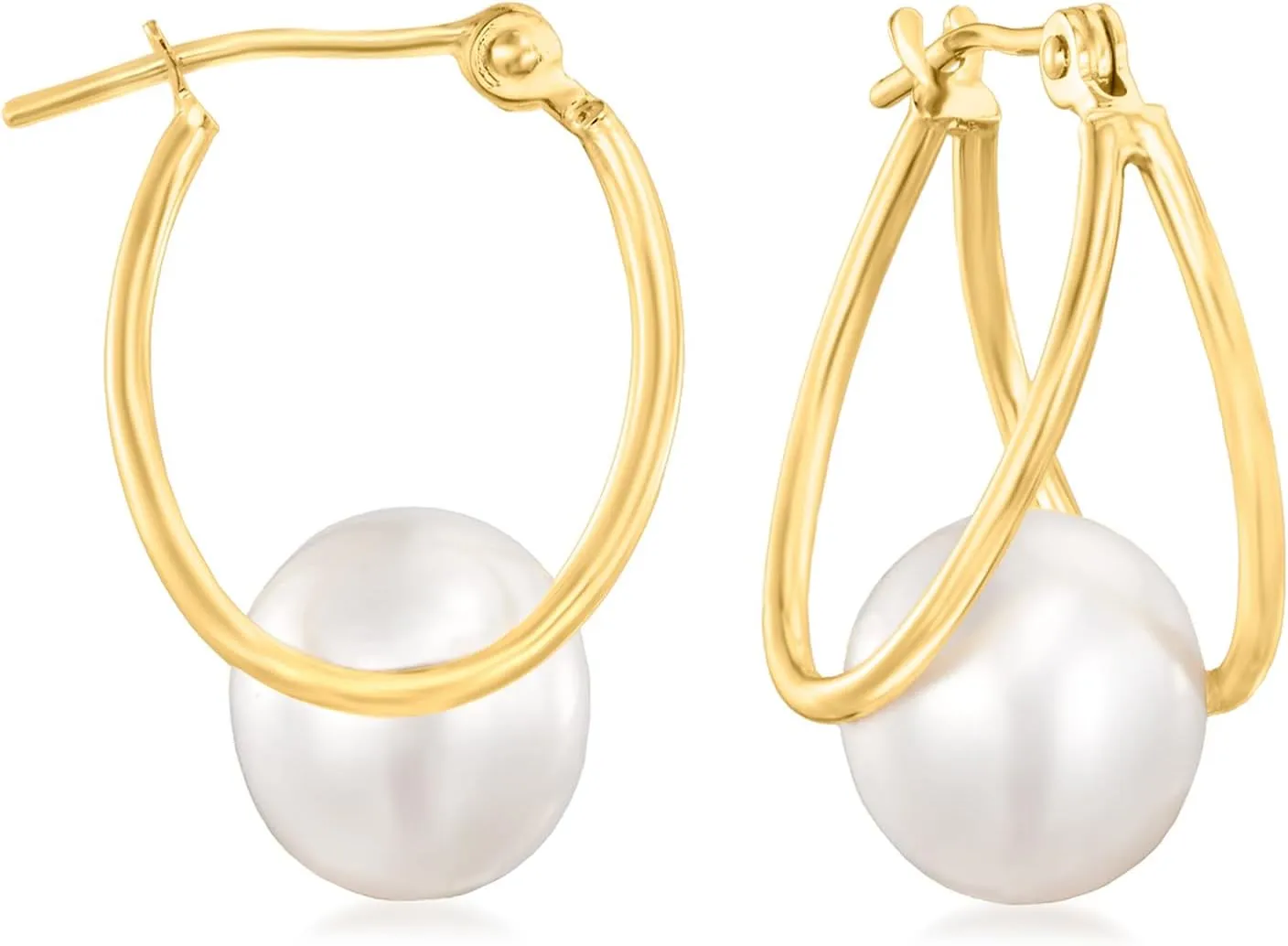 Ross-Simons 8-9mm Cultured Pearl Double-Hoop Earrings in 14kt Yellow Gold. 3/4