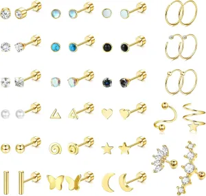 SAILIMUE 23Pairs Surgical Steel Flat Back Stud Earrings For Women Men Hypoallergenic 20G Tiny Cartilage Earrings Stud Hoops Small CZ Star Moon Heart Opal Helix Tragus Daith Earrings Piercing Jewelry