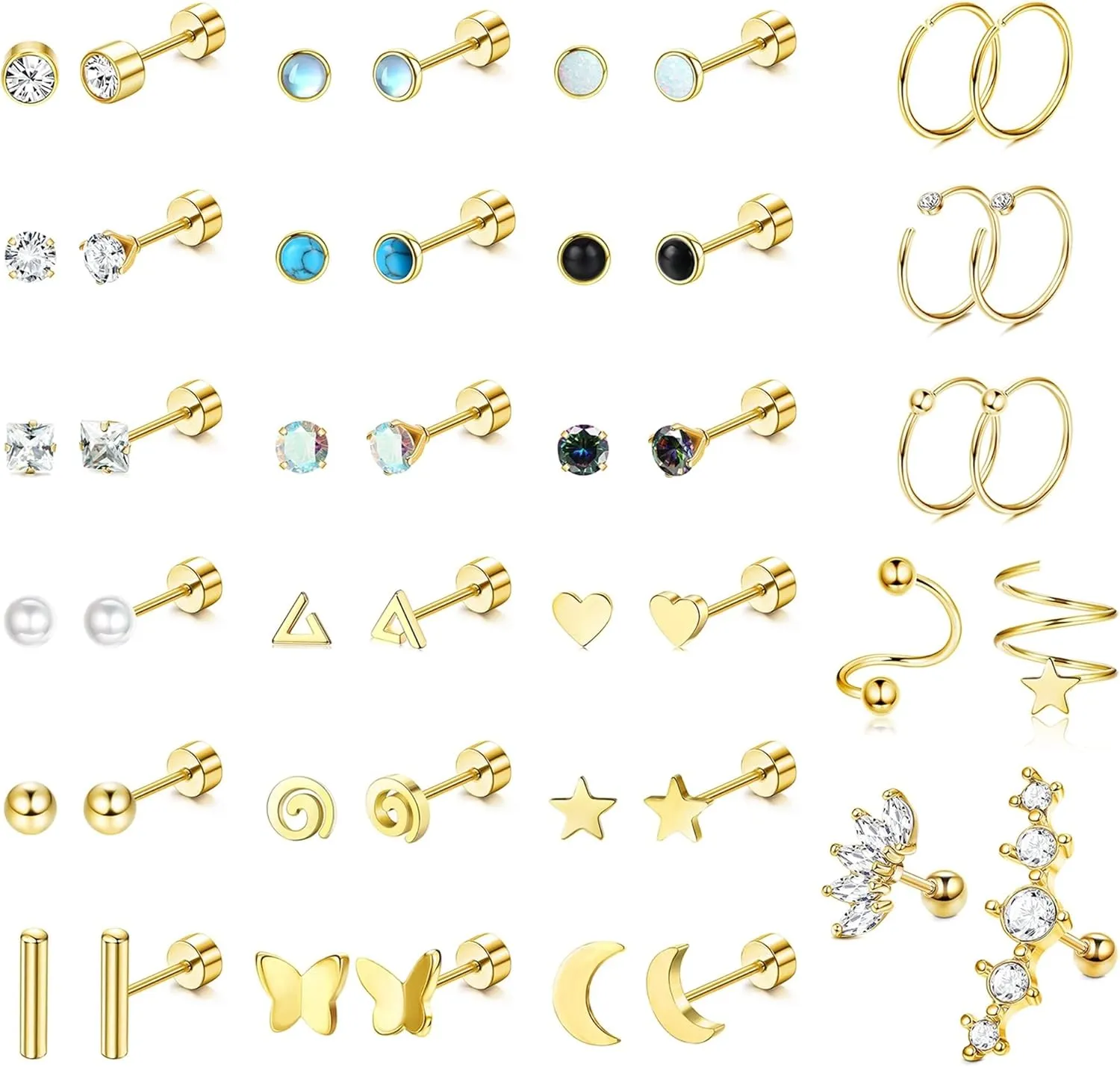 SAILIMUE 23Pairs Surgical Steel Flat Back Stud Earrings For Women Men Hypoallergenic 20G Tiny Cartilage Earrings Stud Hoops Small CZ Star Moon Heart Opal Helix Tragus Daith Earrings Piercing Jewelry