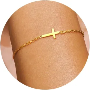 Sanfenly Gold Bracelets for Women Non Tarnish Dainty 14K Gold Plated Stainless Steel Evil Eye Beaded Pearl Cubic Zirconia Simulated Diamond Cross Turquoise Charm Bracelets Trendy Adjustable Paper Clip Link Chain Waterproof Bracelets