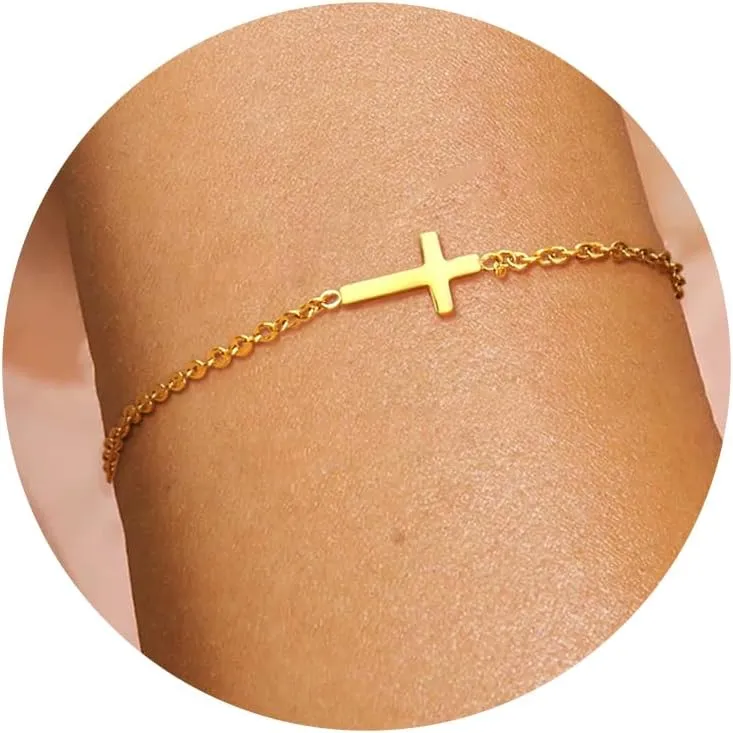 Sanfenly Gold Bracelets for Women Non Tarnish Dainty 14K Gold Plated Stainless Steel Evil Eye Beaded Pearl Cubic Zirconia Simulated Diamond Cross Turquoise Charm Bracelets Trendy Adjustable Paper Clip Link Chain Waterproof Bracelets