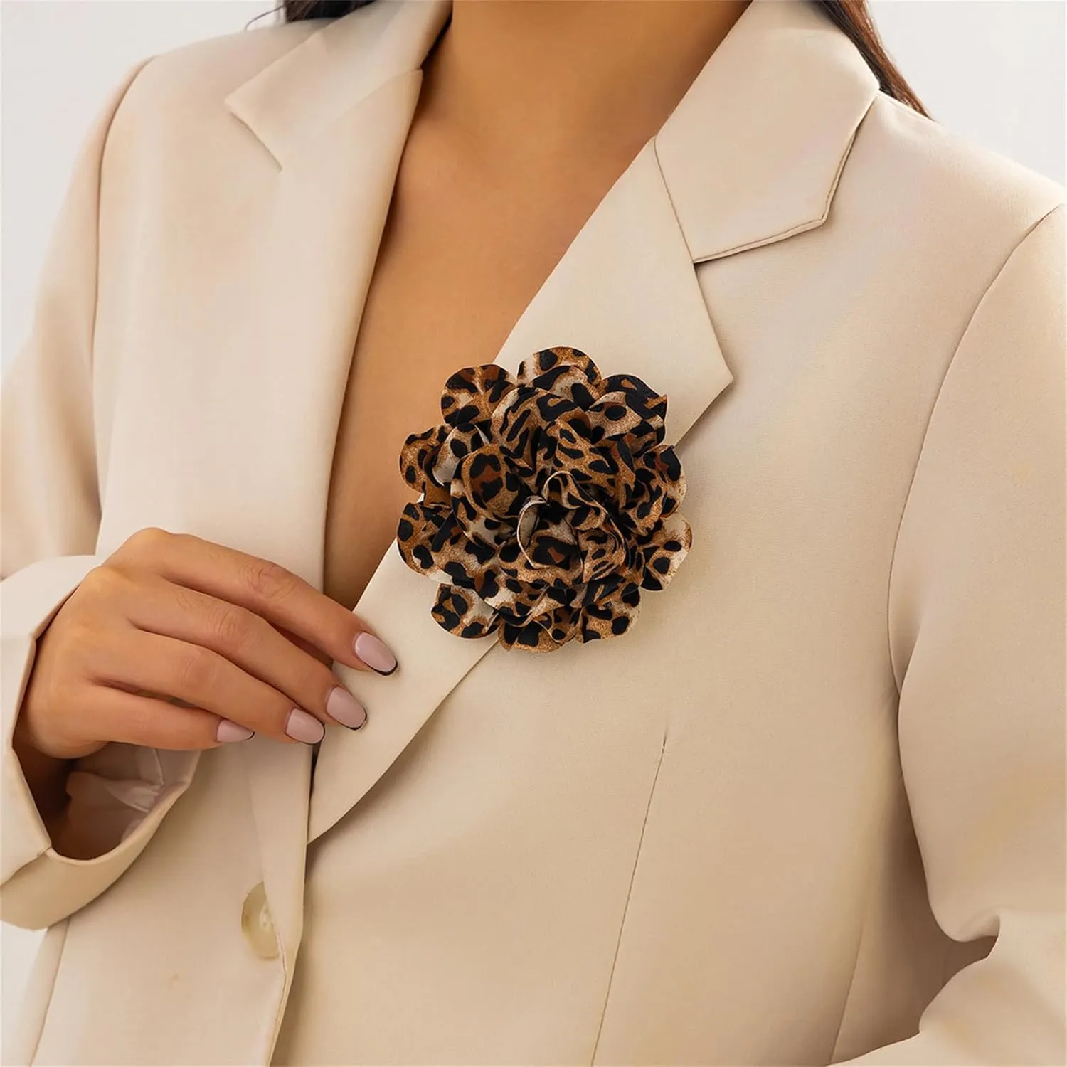 Satin Fabric Leopard Rose Flower Large Brooch Pins Handmade Elegant Extra Big Camellia Silk Flowers Floral Lapel Pin for Women Wedding Bridal Prom Party Dance Dress Suit Clothes Accessories