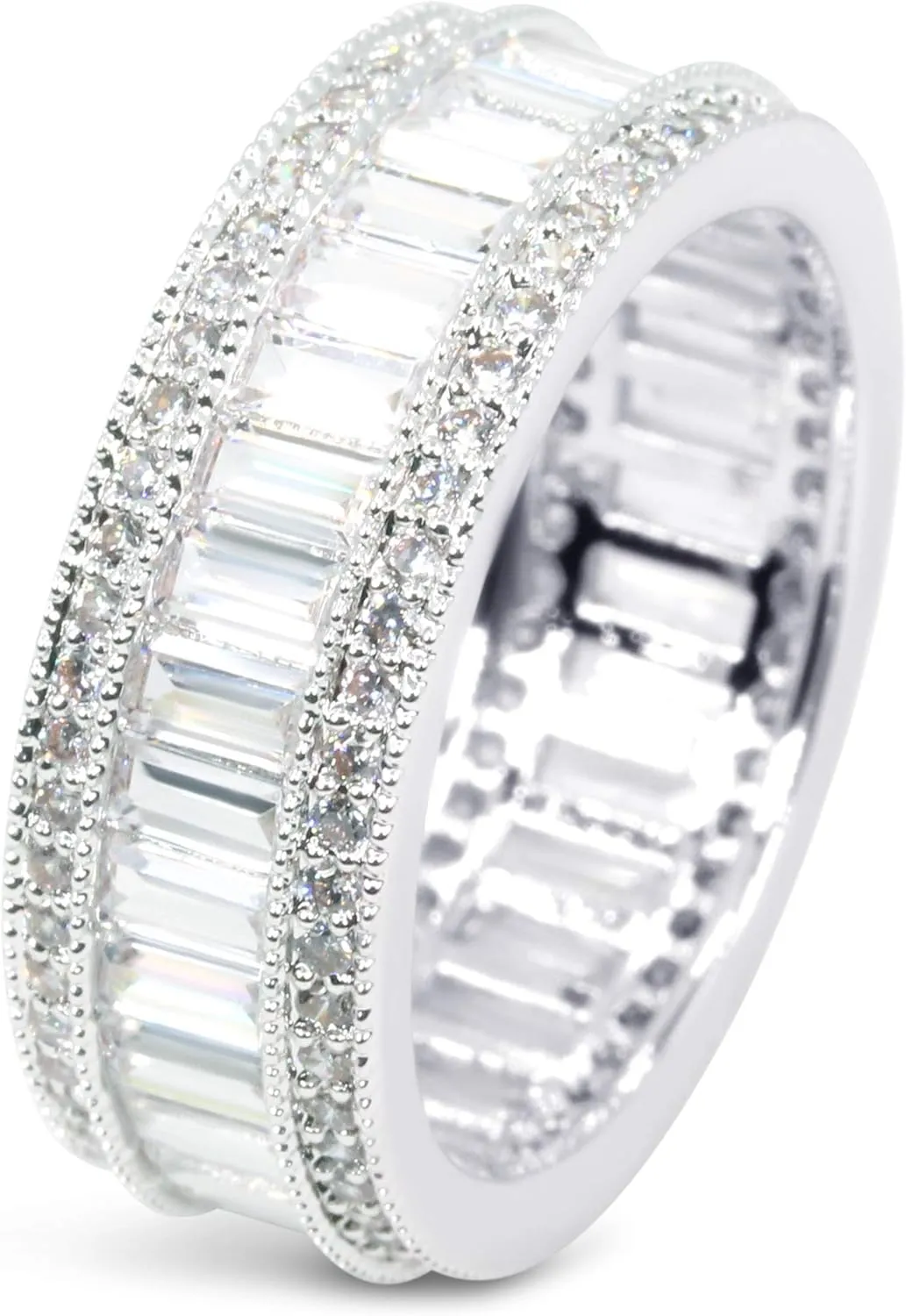 Savlano 18K Gold Plated Cubic Zirconia 8MM Emerald Cut Eternity Lustrous Ring Band for Women