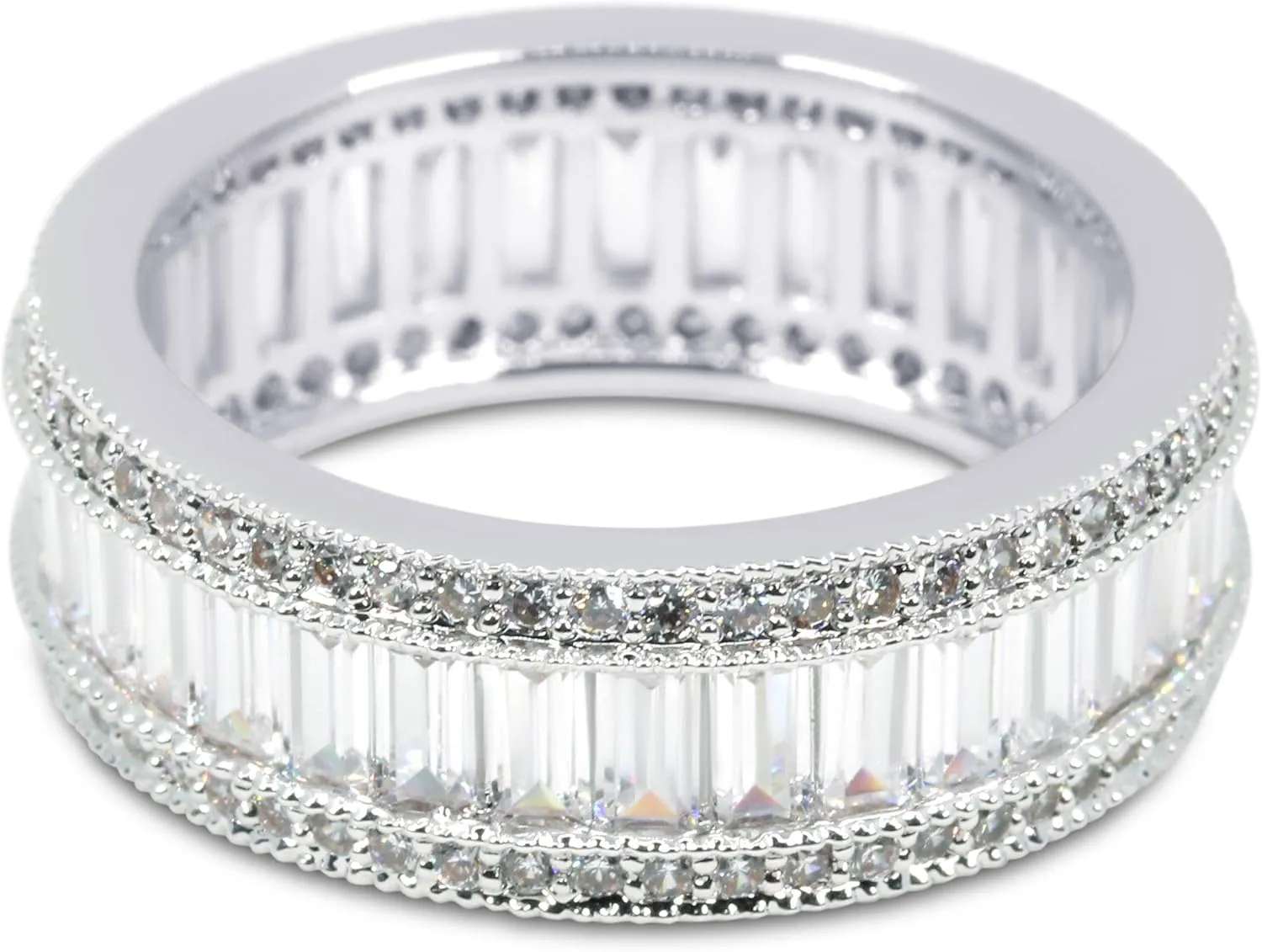 Savlano 18K Gold Plated Cubic Zirconia 8MM Emerald Cut Eternity Lustrous Ring Band for Women
