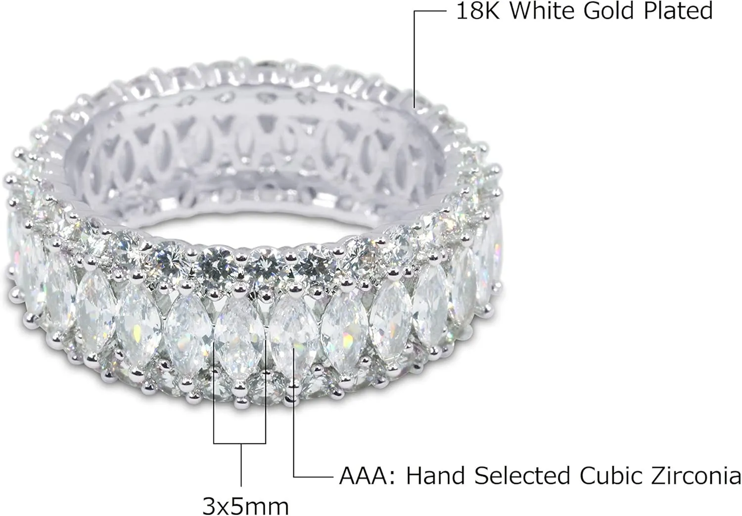 Savlano 18K Gold Plated Cubic Zirconia Marquis Cut Eternity Lustrous Ring Band for Women
