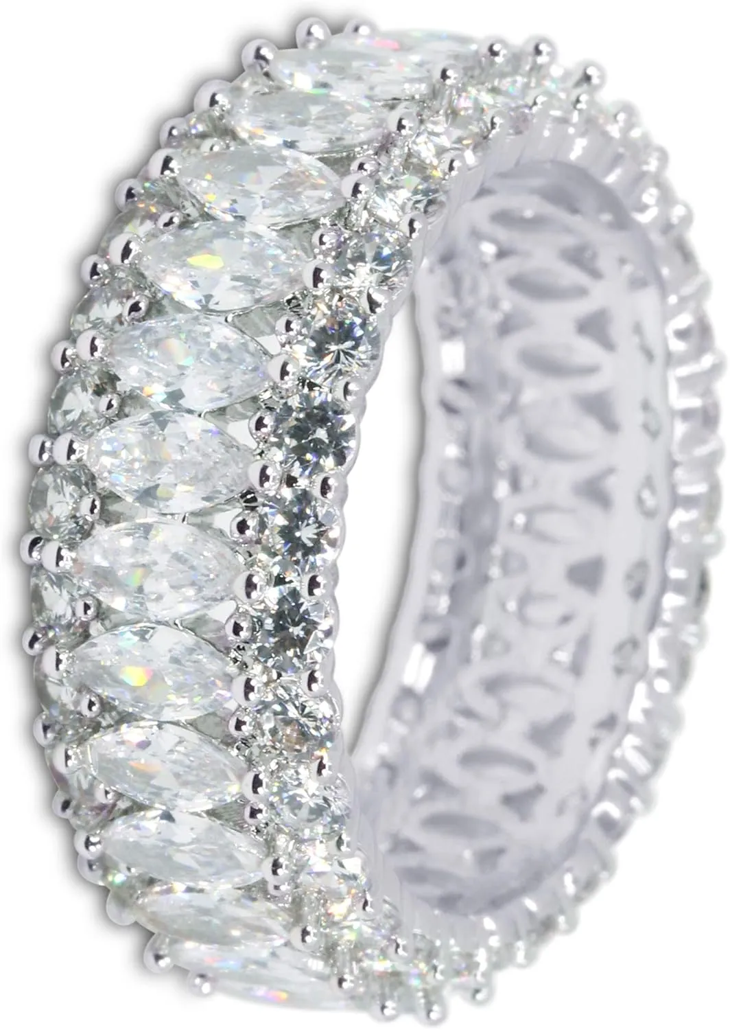 Savlano 18K Gold Plated Cubic Zirconia Marquis Cut Eternity Lustrous Ring Band for Women