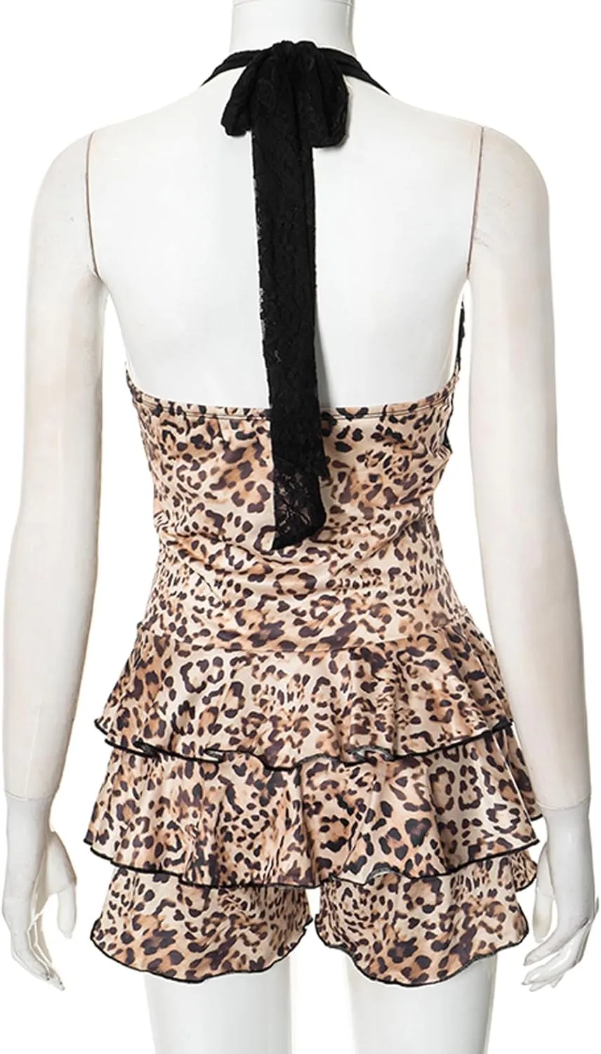 sedmoda Women Sexy V Neck Halter Jumpsuits Leopard Print Lace Patchwork Shorts Romper Club Outfits
