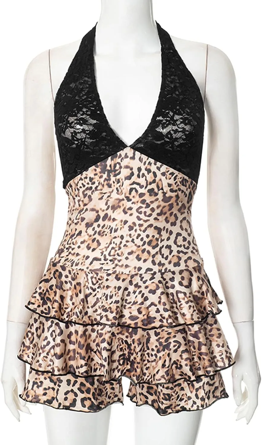 sedmoda Women Sexy V Neck Halter Jumpsuits Leopard Print Lace Patchwork Shorts Romper Club Outfits