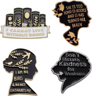 She Is Too Fond Of Books And It Has Turned Her Brain,Metal Enamel Pin,Book Lover Enamel Pin,Fashion Cartoon Brooch Books Lovers Hard Enamel Lapel Badge Accessory for Clothing,Bags 4PCS