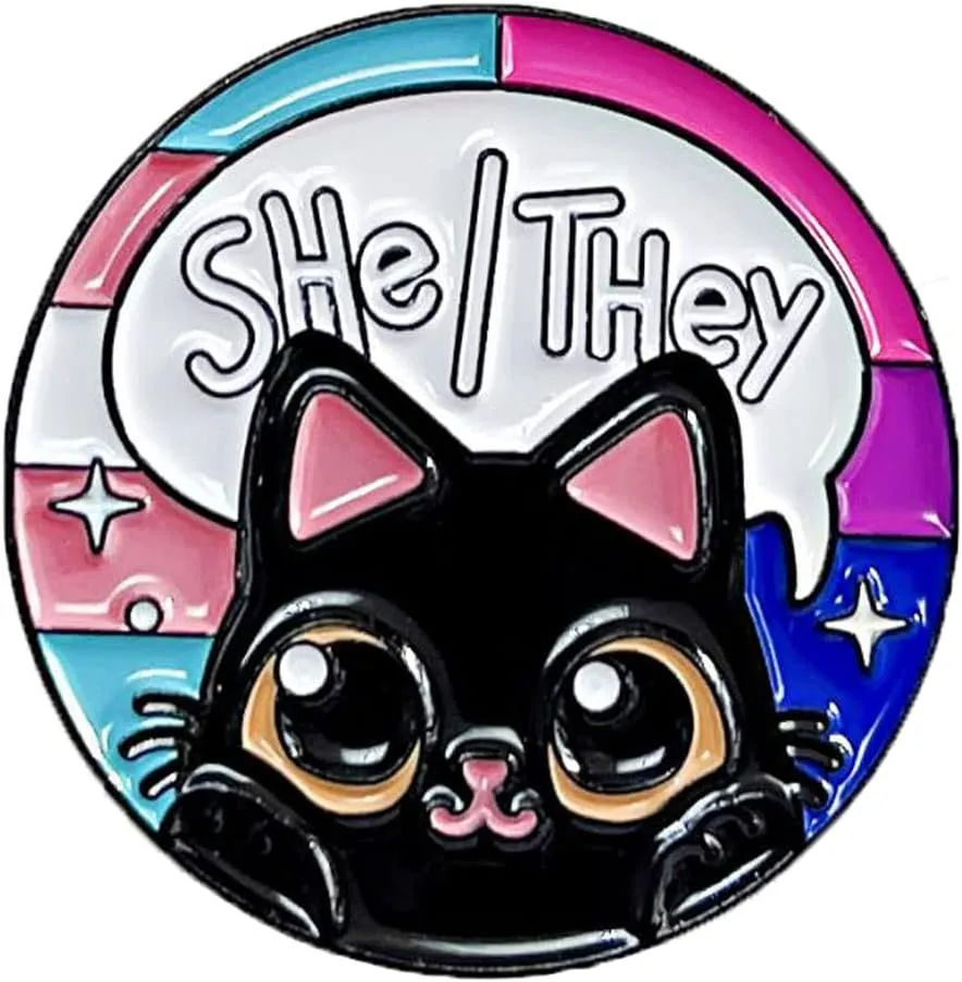 She They Cat Enamel Pin Cute Color Cat Lapel Pin LGBT Pride Badge Brooch Nonbinary Femme Pronoun Button Badge LGBT Gift Clothes Hat Bags Accessories