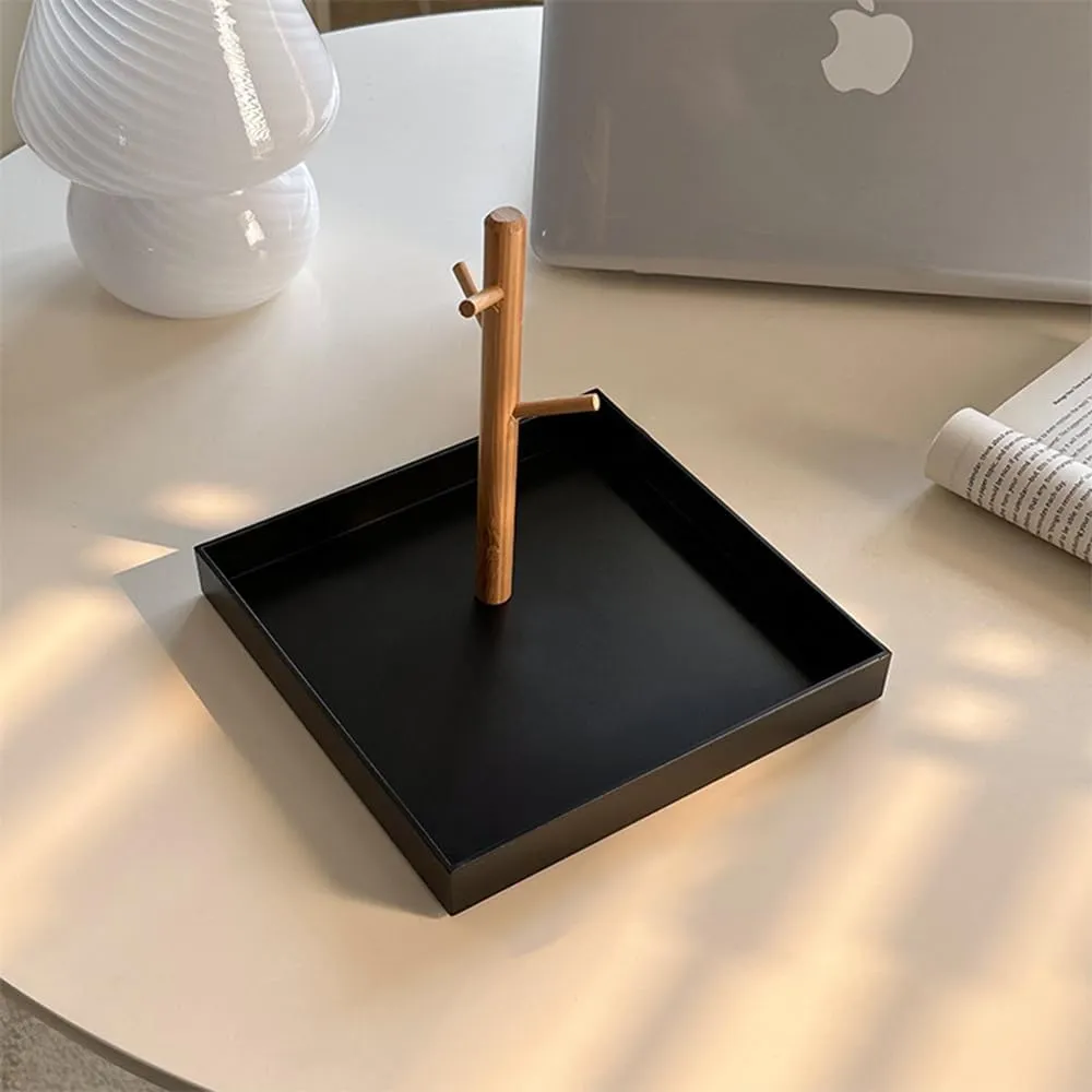 Shinpuru Key Tray & Key Bowl, Jewelry Tray with Wood 3-Tier Hanging Organizer - Multi-Functional Entryway Tray, Perfect for Key Bowl, Ring Holder, Jewelry Dish Organize (Black Square)
