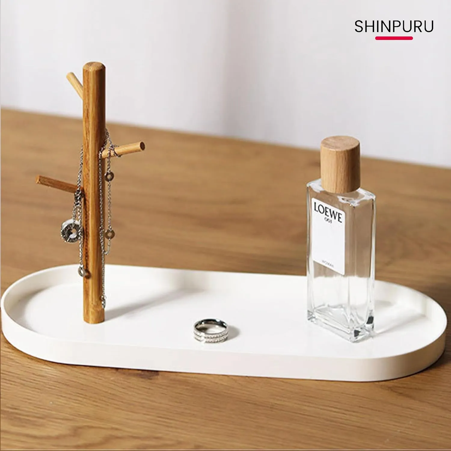 Shinpuru Key Tray & Key Bowl, Jewelry Tray with Wood 3-Tier Hanging Organizer - Multi-Functional Entryway Tray, Perfect for Key Bowl, Ring Holder, Jewelry Dish Organize (White Oval)