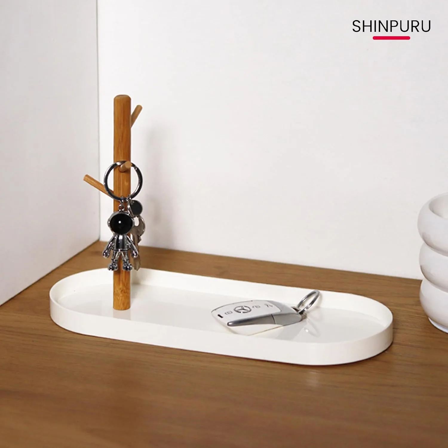 Shinpuru Key Tray & Key Bowl, Jewelry Tray with Wood 3-Tier Hanging Organizer - Multi-Functional Entryway Tray, Perfect for Key Bowl, Ring Holder, Jewelry Dish Organize (White Oval)
