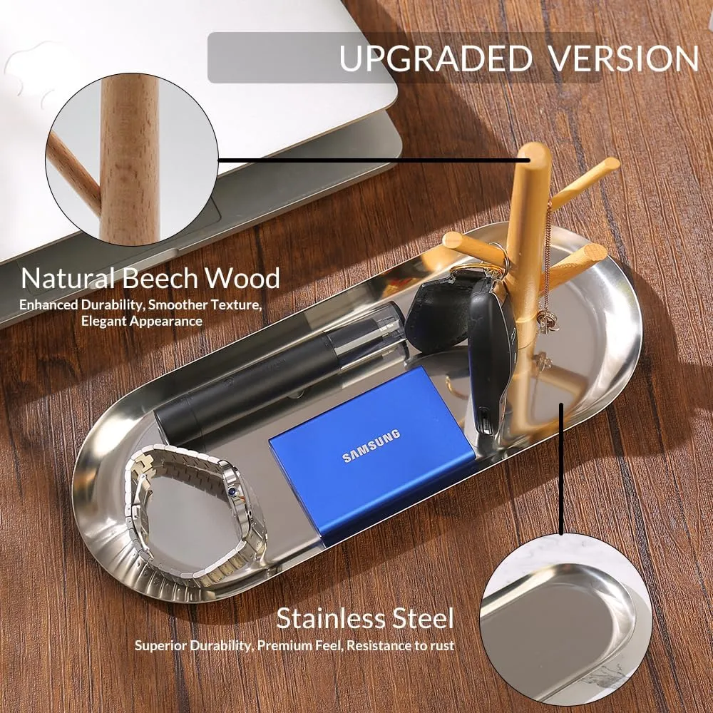 Shinpuru Key Tray & Key Bowl, Jewelry Tray with Wood 3-Tier Hanging Organizer - Multi-Functional Entryway Tray, Perfect for Key Dish, Ring Holder(Upgraded Version)(Silver Oval)