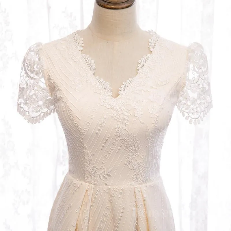 Short Sleeves Short Champagne Lace Prom Dresses Short Champagne Lace Formal Wedding Dresses