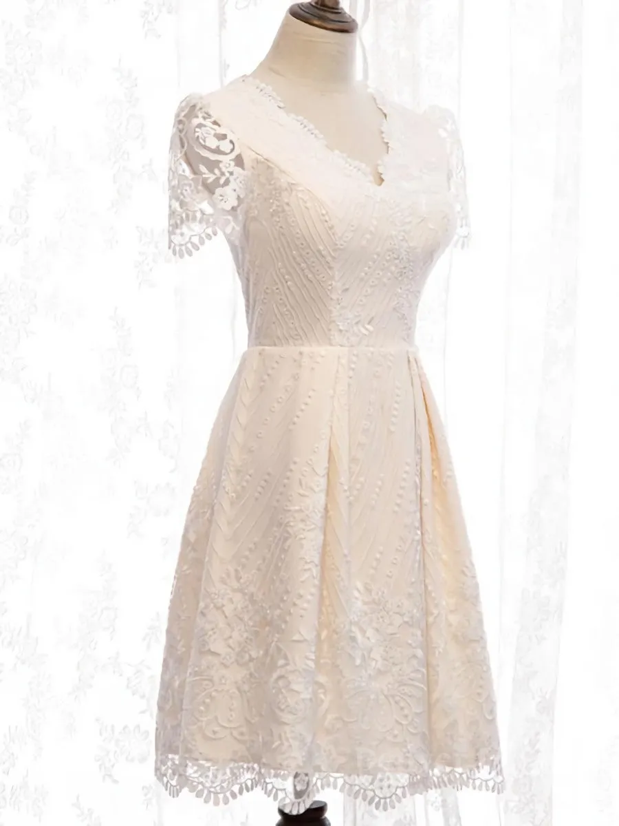 Short Sleeves Short Champagne Lace Prom Dresses Short Champagne Lace Formal Wedding Dresses