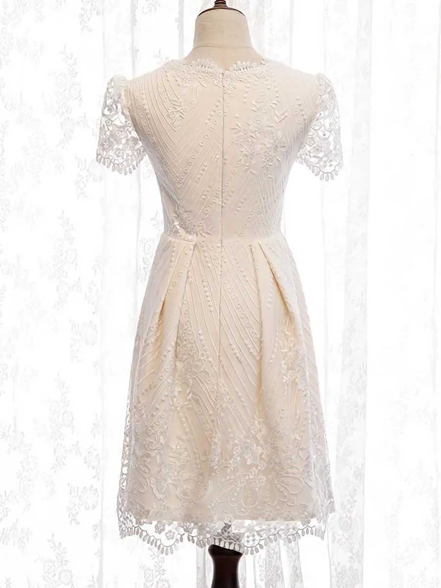 Short Sleeves Short Champagne Lace Prom Dresses Short Champagne Lace Formal Wedding Dresses
