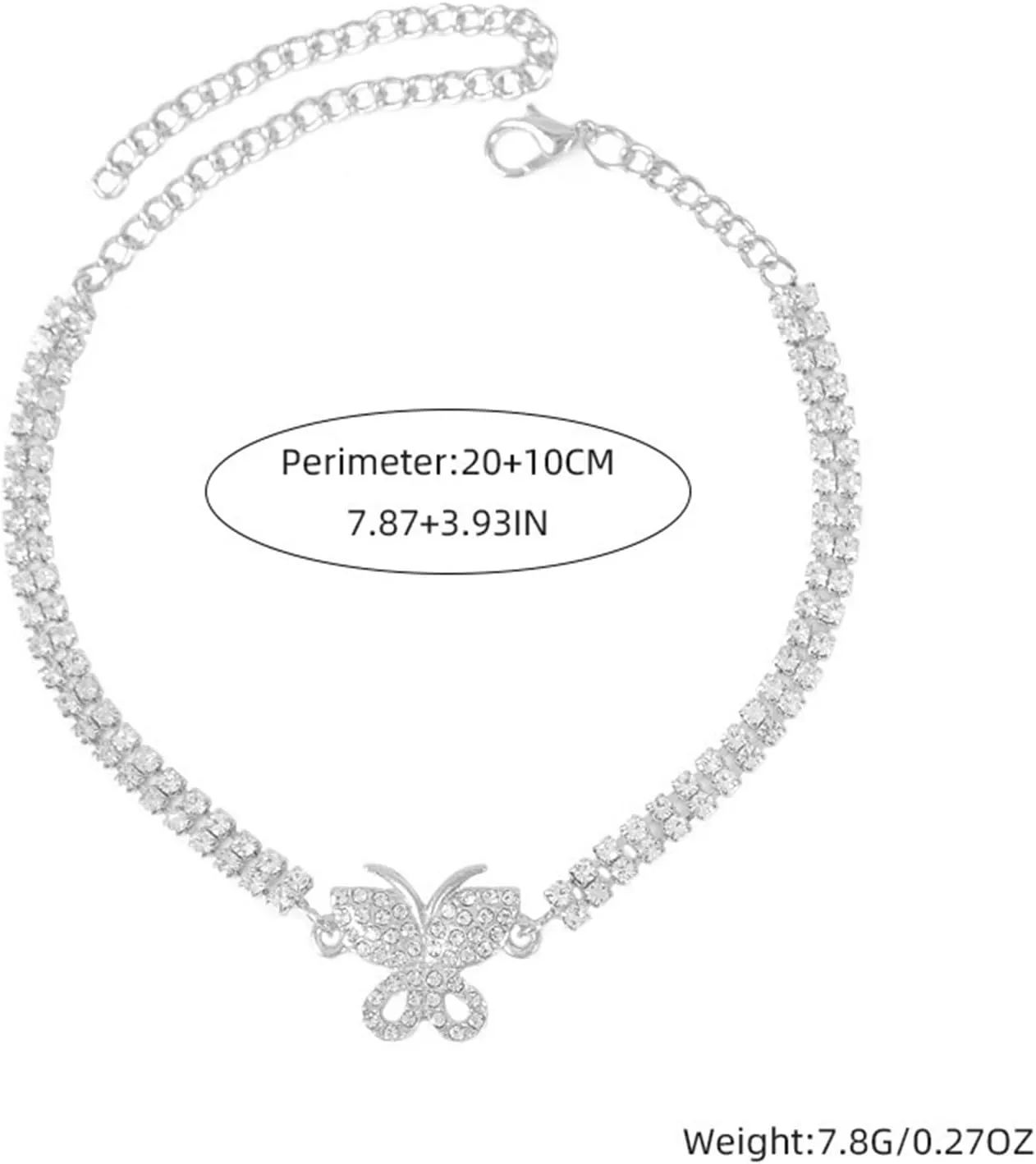 Silver Ankle Bracelets for Women Waterproof Adjustable Rhinestone Butterfly Anklets Layered Heart Moon Ankle Bracelets Summer Beach Foot Chain Jewelry