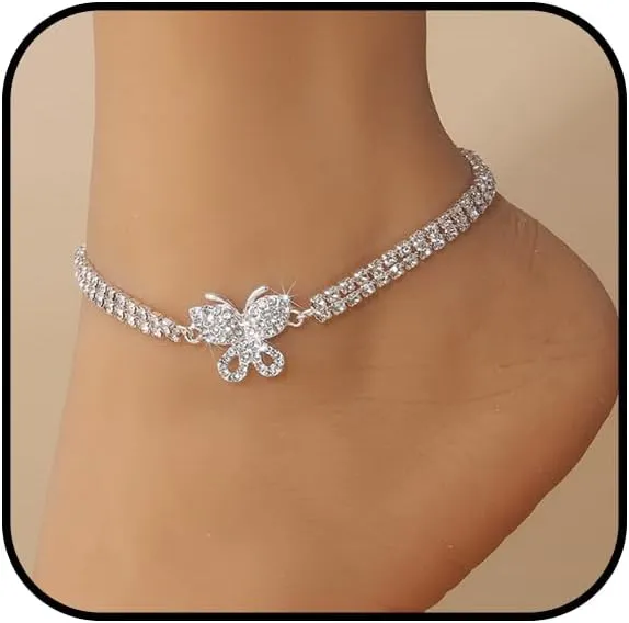 Silver Ankle Bracelets for Women Waterproof Adjustable Rhinestone Butterfly Anklets Layered Heart Moon Ankle Bracelets Summer Beach Foot Chain Jewelry