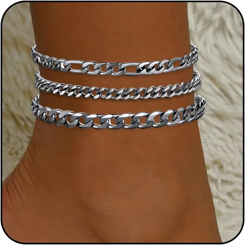 Silver Ankle Bracelets for Women Waterproof Stainless Steel Anklet Adjustable Layered Cuban Silver Anklets Set Summer Beach Foot Jewelry Gift