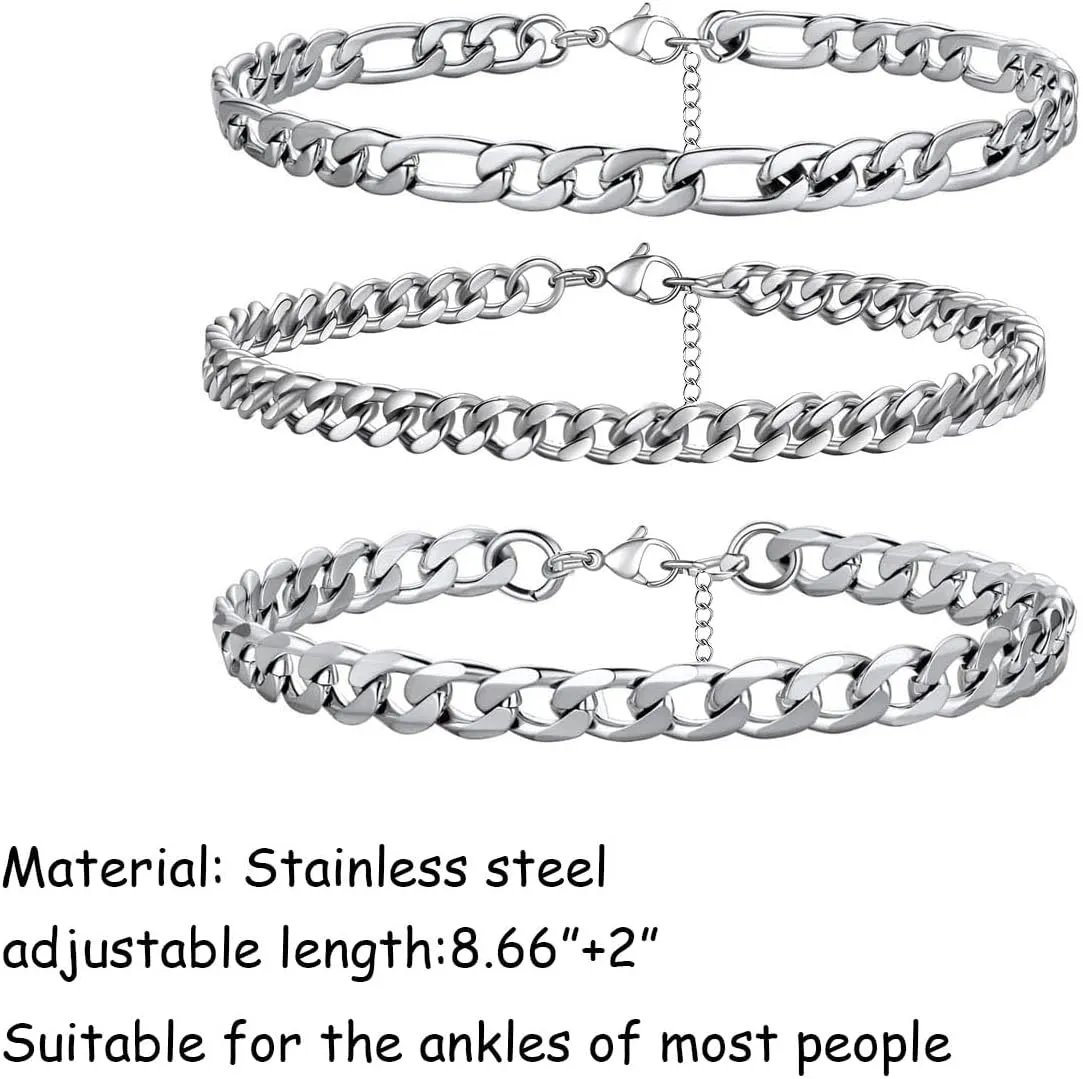 Silver Ankle Bracelets for Women Waterproof Stainless Steel Anklet Adjustable Layered Cuban Silver Anklets Set Summer Beach Foot Jewelry Gift
