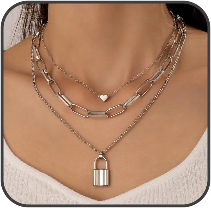 Silver Layered Necklace for Women Dainty Layered Choker Necklace Thick Chain Necklaces Trendy Lock Necklace Punk Multilayer Long Heart Necklace Jewelry for Women Gift (Lock silver)