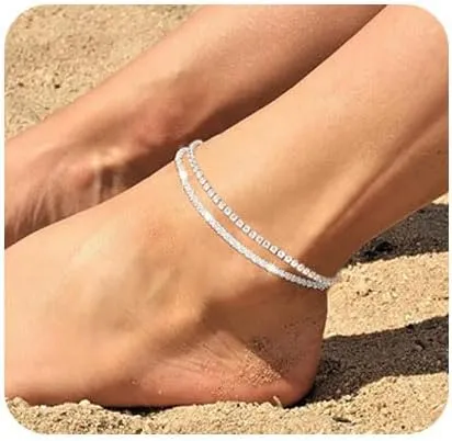 Silver Stacked Ankle Bracelets for Women Adjustable Dainty Layered Waterproof Ankle Bracelets Cute Brass Anklet Set Sparkly Chain Rhinestone Anklets Plus Size Beach Feet Jewelry Gift Non Tarnish
