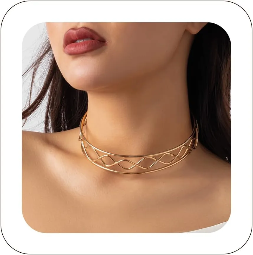 Simple Open Choker Necklace Simple Metal Collar Necklace Trendy Gold Round Clavicle Choker Statement Chunky Bib Chokers Necklaces Jewelry for Women