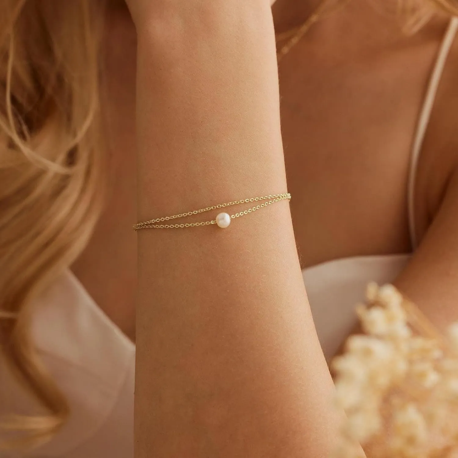 SLOONG Gold Bracelets for Women Trendy, 14K Real Gold Plated Dainty Stackable Pearl Snake Chain CZ Heart Pendant Bracelets, Layered Waterproof Jewelry Gift for Women Adjustable 6" 2"
