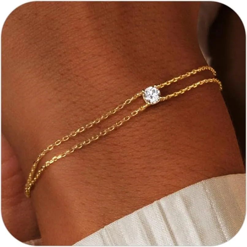 SLOONG Gold Bracelets for Women Trendy, 14K Real Gold Plated Dainty Stackable Pearl Snake Chain CZ Heart Pendant Bracelets, Layered Waterproof Jewelry Gift for Women Adjustable 6" 2"