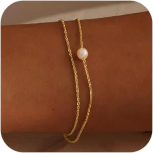 SLOONG Gold Bracelets for Women Trendy, 14K Real Gold Plated Dainty Stackable Pearl Snake Chain CZ Heart Pendant Bracelets, Layered Waterproof Jewelry Gift for Women Adjustable 6" 2"