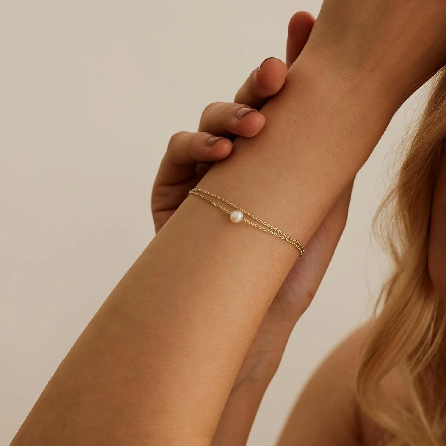 SLOONG Gold Bracelets for Women Trendy, 14K Real Gold Plated Dainty Stackable Pearl Snake Chain CZ Heart Pendant Bracelets, Layered Waterproof Jewelry Gift for Women Adjustable 6" 2"