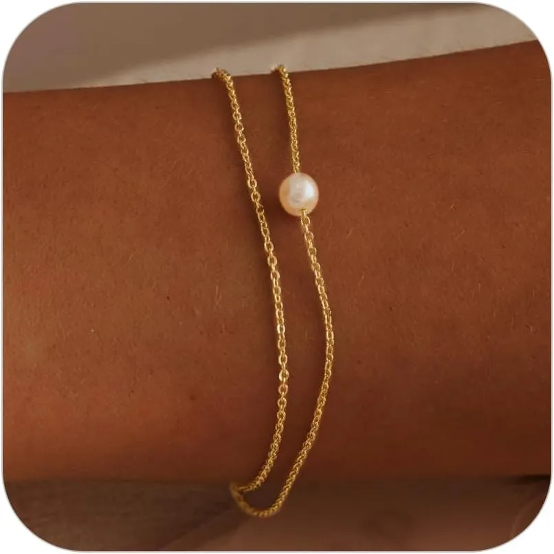 SLOONG Gold Bracelets for Women Trendy, 14K Real Gold Plated Dainty Stackable Pearl Snake Chain CZ Heart Pendant Bracelets, Layered Waterproof Jewelry Gift for Women Adjustable 6" 2"