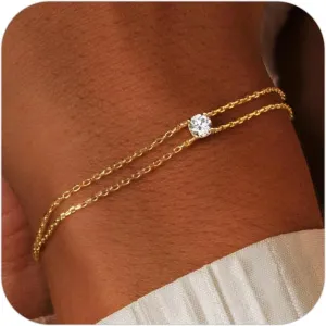 SLOONG Gold Bracelets for Women Trendy, 14K Real Gold Plated Dainty Stackable Pearl Snake Chain CZ Heart Pendant Bracelets, Layered Waterproof Jewelry Gift for Women Adjustable 6" 2"