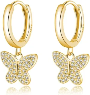 SLUYNZ 925 Sterling Silver CZ Buffterfly Hoop Earrings for Women Teens Sparkling Butterfly Hoop Earrings Huggie Drop