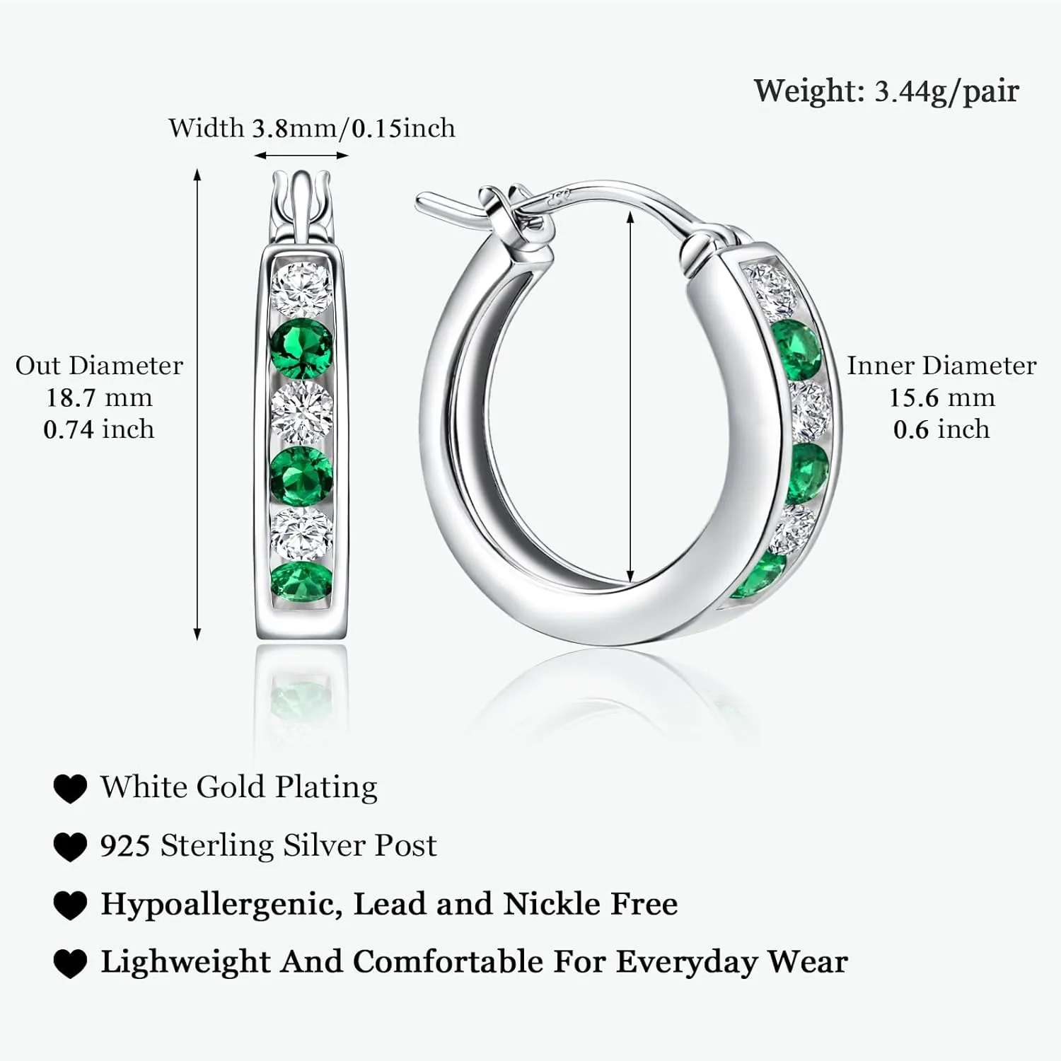 Small Hoop Earrings for Women Hypoallergenic 925 Sterling Silver 18mm Gemstone Huggie Hoop Earrings Annivesary Wedding Jewelry Birthstone Huggy Earrings
