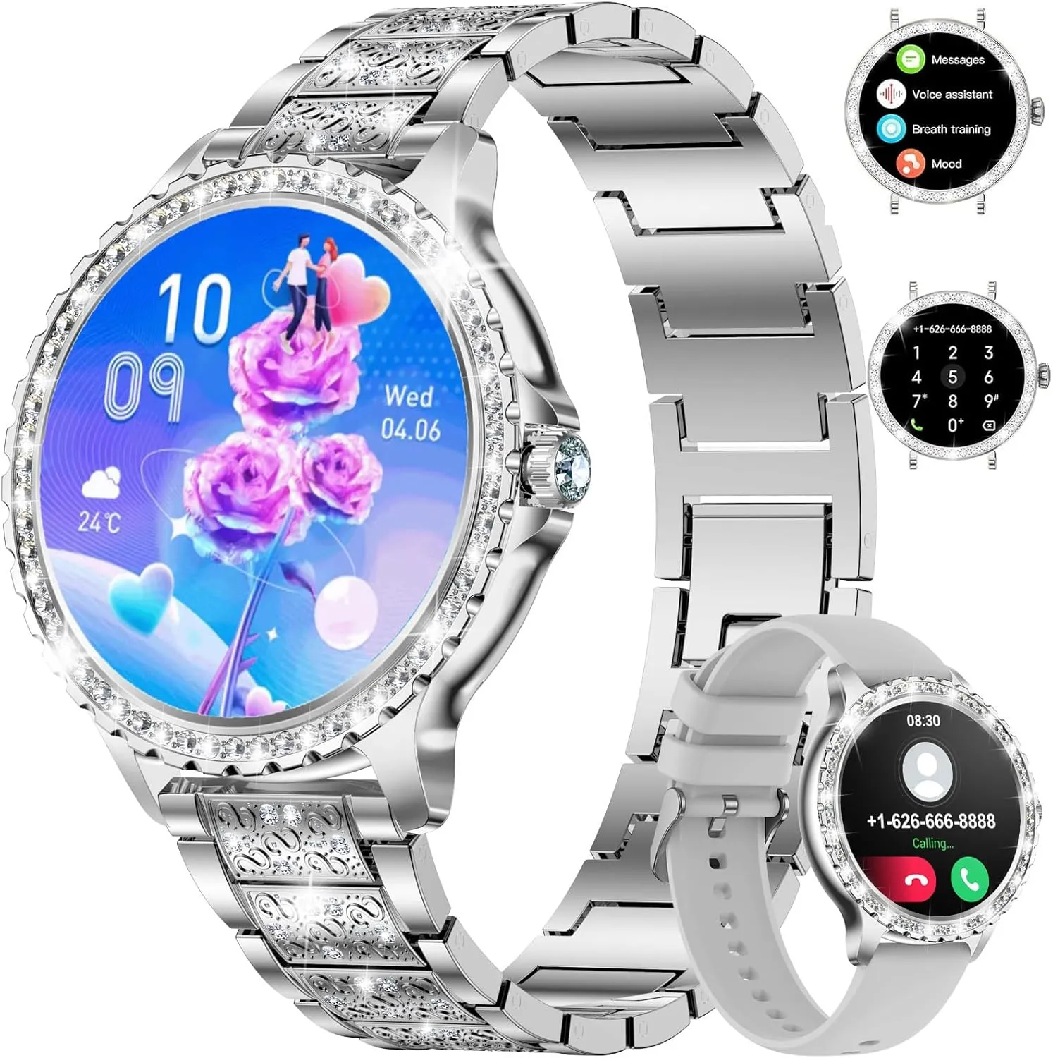 Smart Watch for Women(Answer/Make Calls),1.3" HD Diamonds Luxury Smartwatch for Android iPhone Phones,Fitness Trackers with 20  Sport Modes/Heart Rate/IP68 Waterproof (Silver)