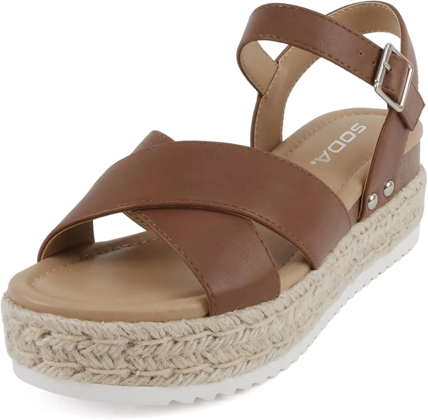 Soda FIRELY ~ Women Round Toe Crisscross Band Platform Espadrille Wedge Sandal with Adjustable Ankle Strap