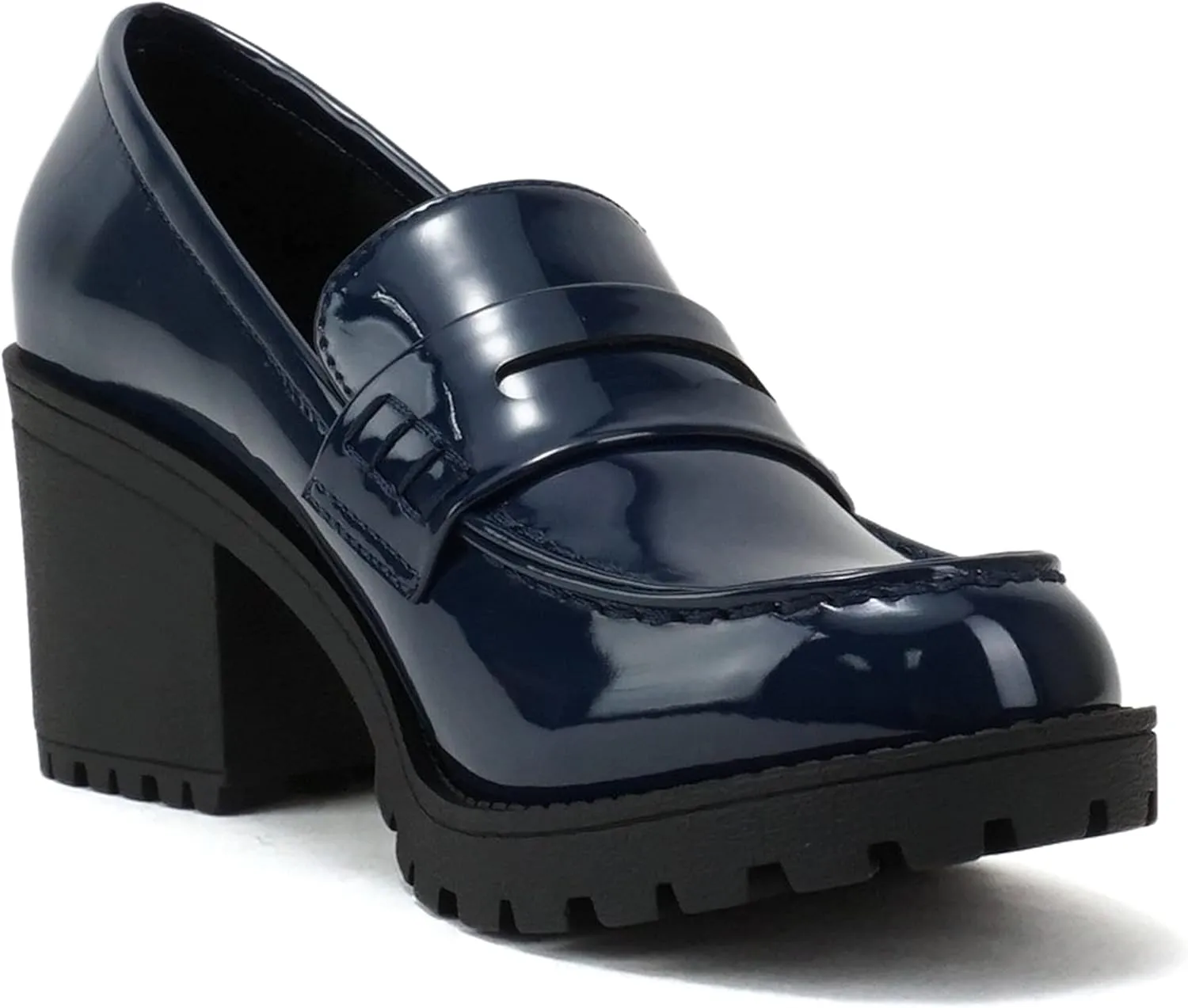 Soda Kinder ~ Women Slip On Chunky Mid Heel Lug Sole Penny Loafer Shoe