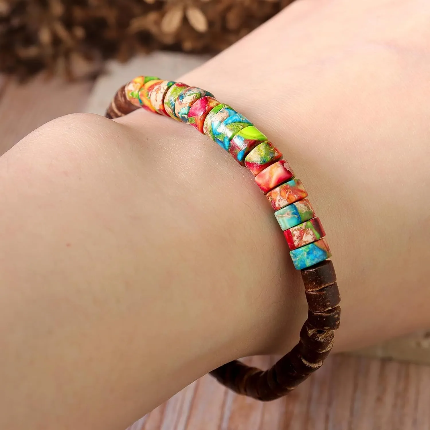 SofiaCreations Handmade Turquoise Sea Sediment Jasper Wooded Wood Beads Boho Vintage Stretch Bracelet, Healing Protection Balance Bracelet for Women Men (Jasper   Dark Brown Wood)