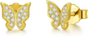 Solid 18K Gold Over 925 Sterling Silver Stud Earrings, Cubic Zirconia Butterfly Stud Earrings/Silver Earrings, Gold Earrings for Women