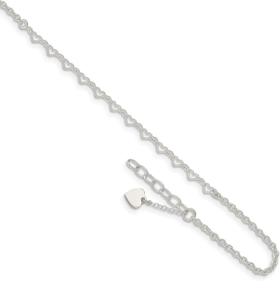 Solid 925 Sterling Silver Heart Charm 1in Extension Anklet 9" (Width = 2mm)
