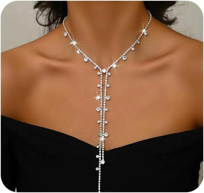 Sparkly Body Chain Necklace for Women,Long Gold Rhinestone Choker Necklaces Charm Wedding Statement Lariat Necklace,Bling Body Jewerly Accessories