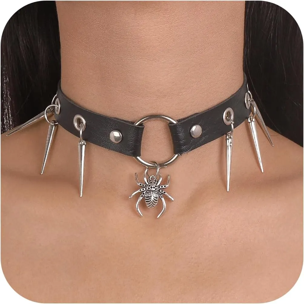 Spiked Choker for Women Goth Black Leather Spike Choker Collar Punk Spider Bat Pendant Nechklace Halloween Costumes Cosplay Accessories
