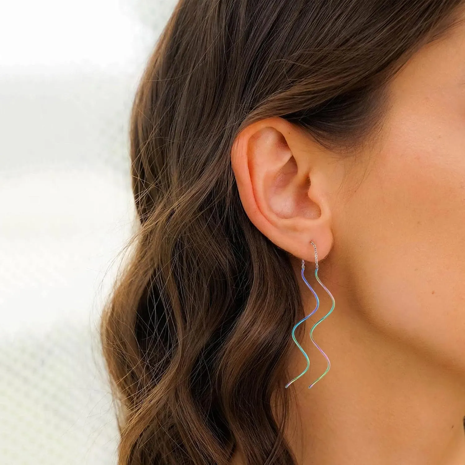 Spiral Threader Earrings, 18G Hypoallergenic 316L Stainless Steel Drop Dangle Handmade Twisted Linear Curved Dangling Minimal Earrings for Sensitive Ear